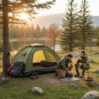 couple avec tente trekking 2 places verte
