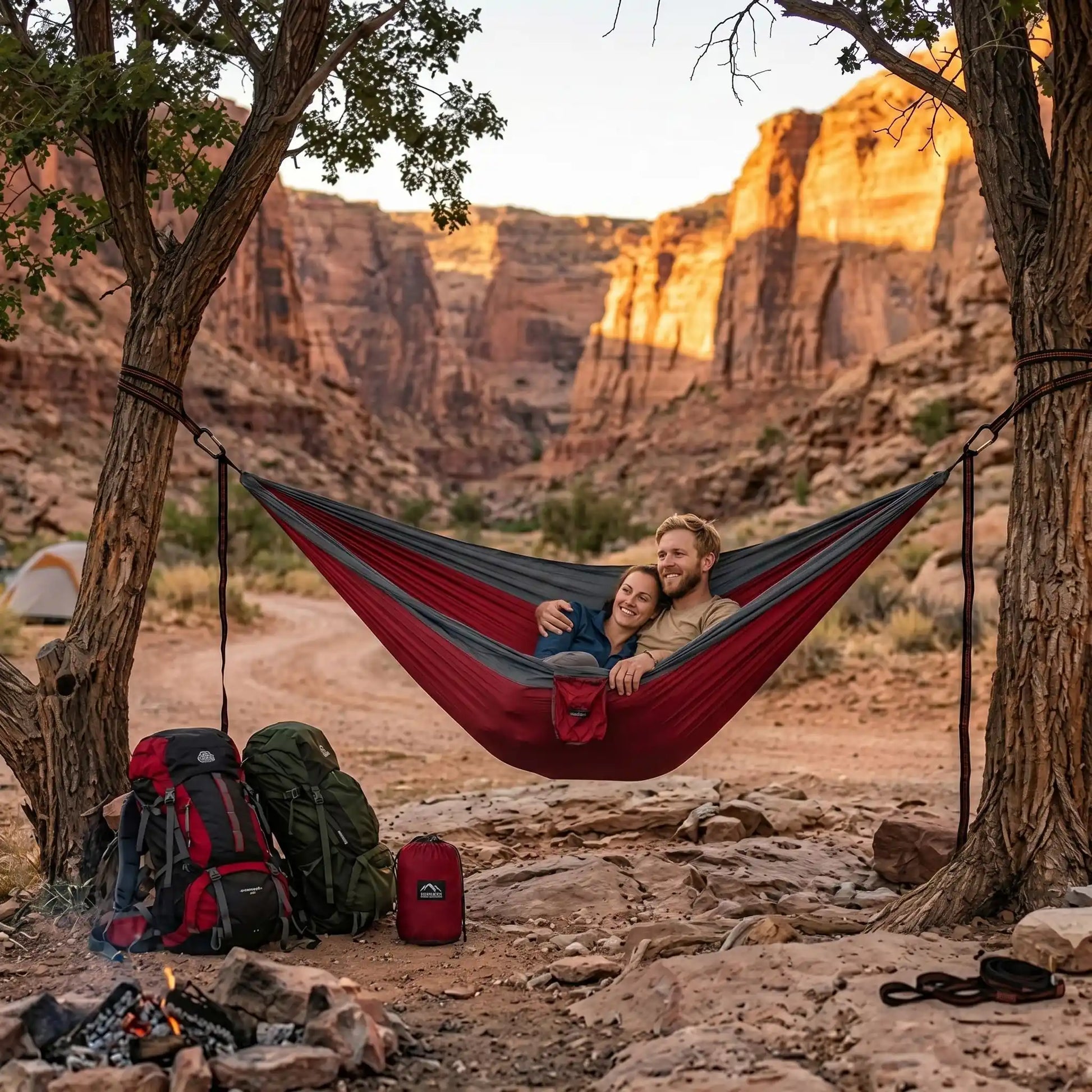 hamac double attaché entre deux arbres