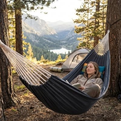 hamac suspendu entre deux arbres
