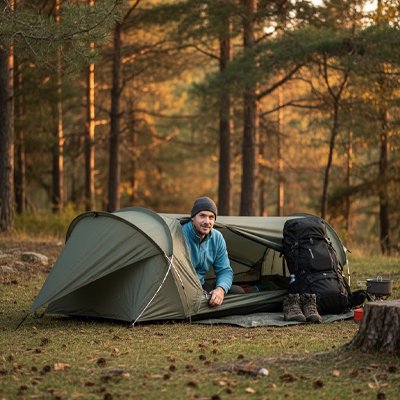homme avec tente trekking verte
