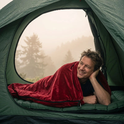 homme heureux dans sac de couchage rouge